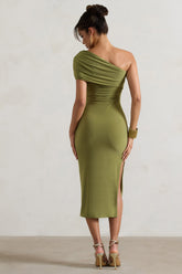 Olive Asymmetric One-Shoulder Split Midi Dress